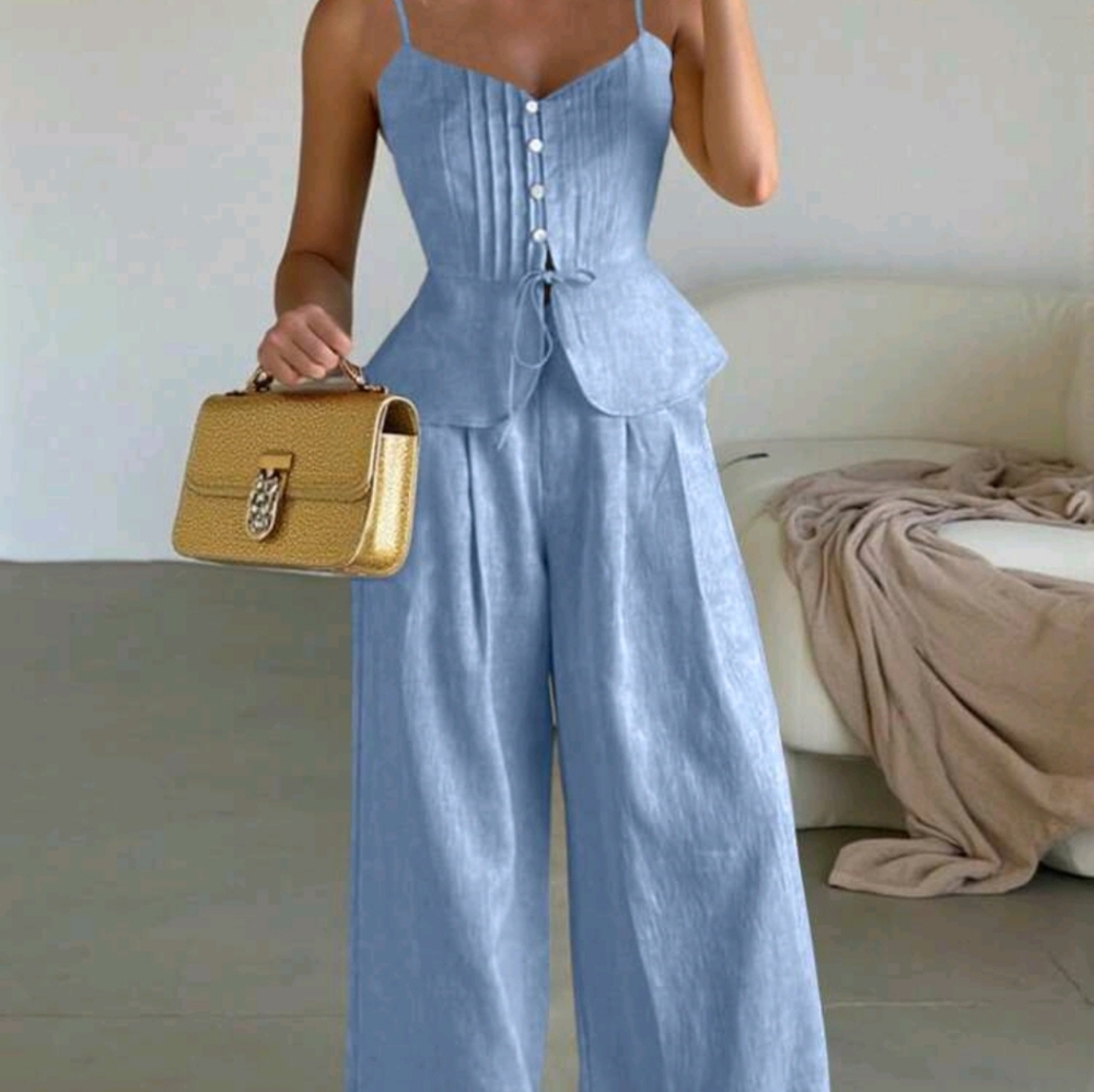 2pcs Set: Casual Fitted Spaghetti Strap Front-Tie Tank Top & Wide Leg Pants